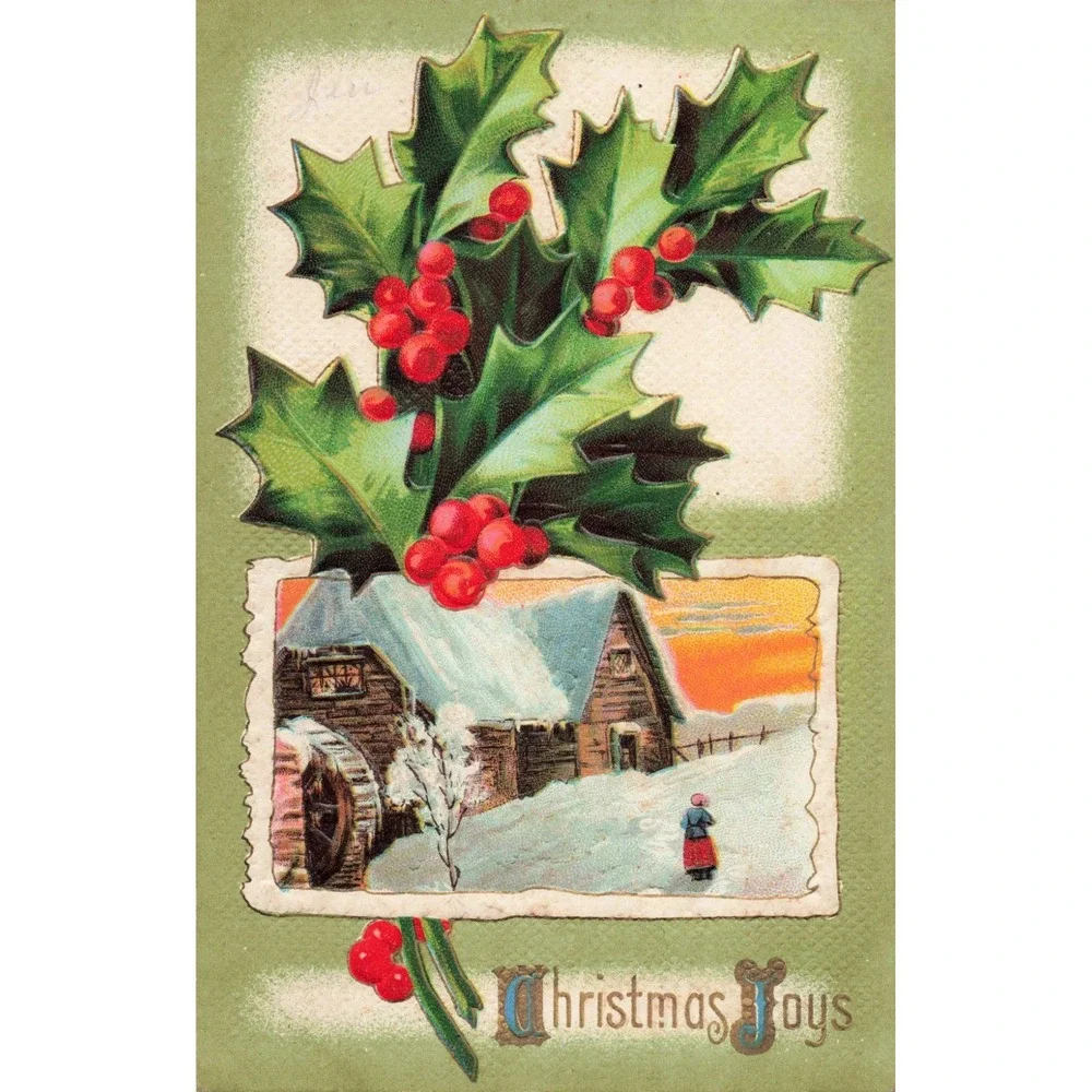 Vintage Christmas Joys Postcard Embossed Holly Berries Winter Watermill PC 248